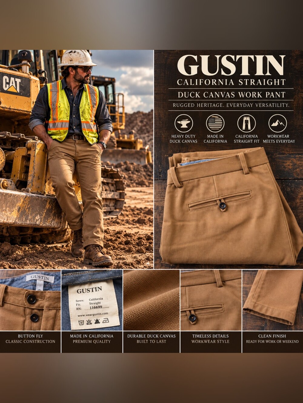 Gustin #207 Brown Duck Canvas Pants California Straight 35 Heritage Workwear